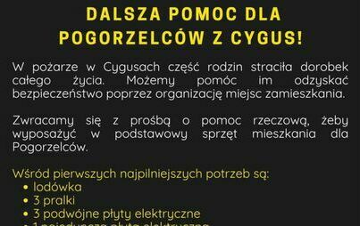 Zdjęcie do Dalsza pomoc dla Pogorzelc&oacute;w z Cygus- potrzebne wyposażenie mieszkań!